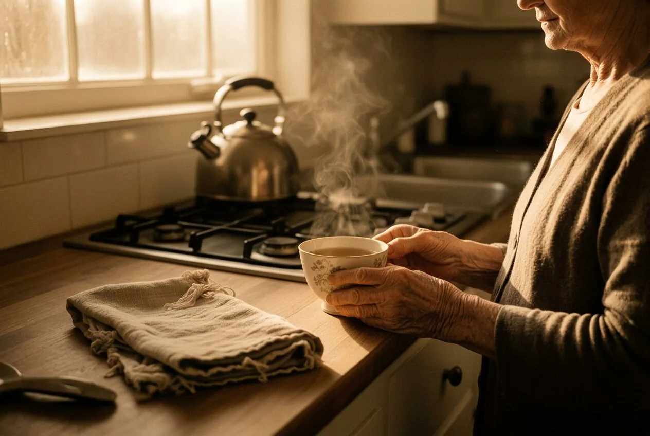 Elderly hands holding a teacup near a kettle in a quiet kitchen