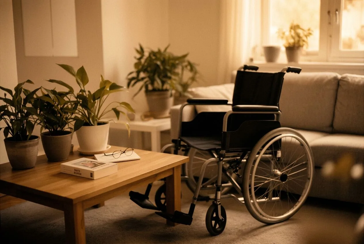 A wheelchair beside a low table with plants, glasses and a book in a sunlit living room