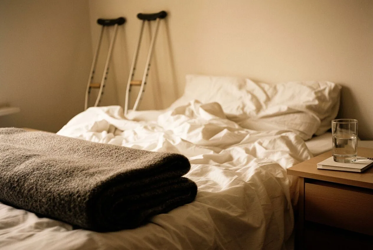 A folded blanket on a bed beside crutches and a glass of water on a nightstand